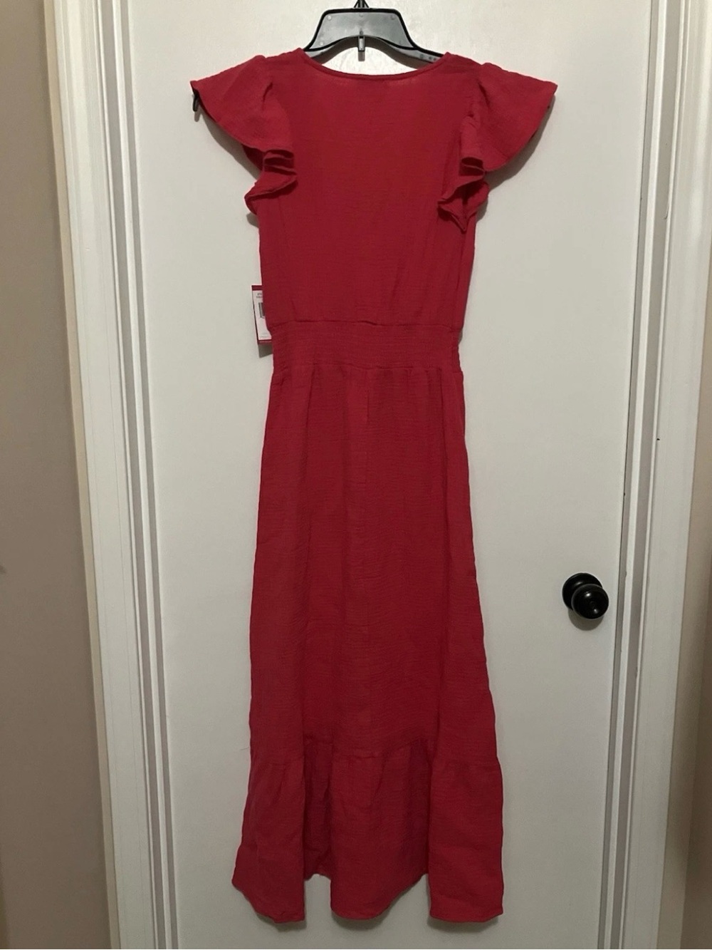 Vince Camuto Women's Gauzy Smocked-Waist Ruffled Dress, Geranium, XS - Picture 4 of 5